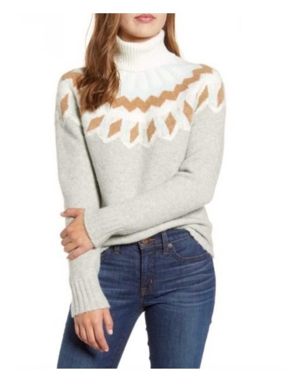 J. Crew Light Gray Turtleneck Sweater with Camel and White Yoke